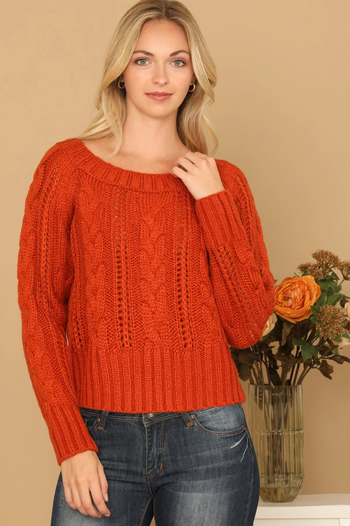 CHUNKY CABLE KNIT OFF SHOULDER CROP SWEATER 3-3