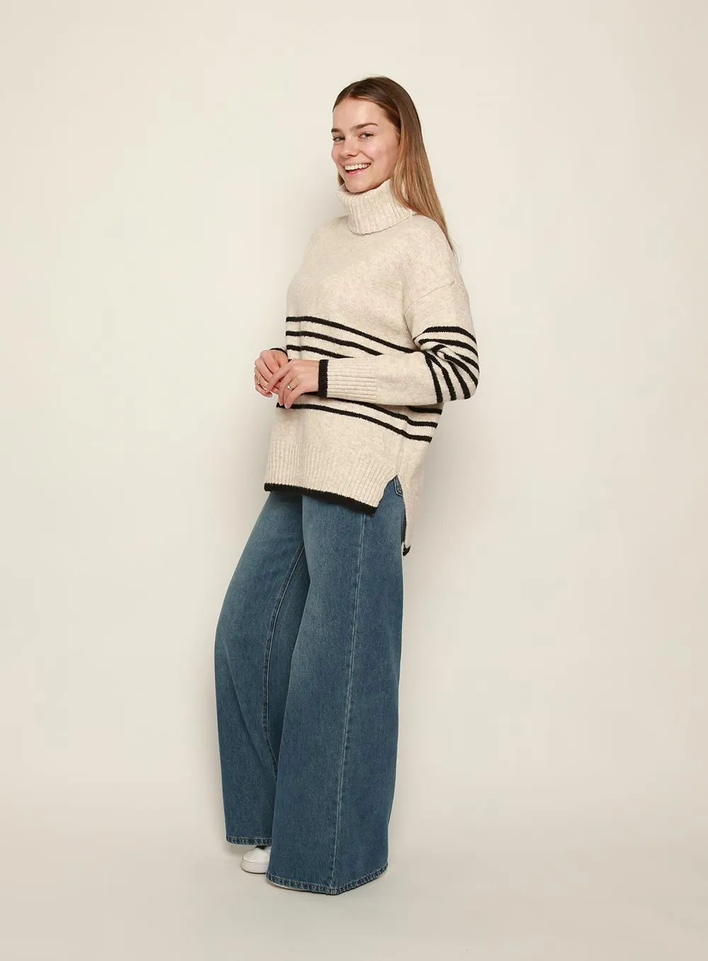 Cindy Roll Neck Stripe Knit-OATMEAL/BLACK