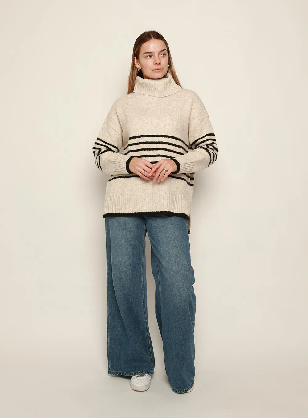 Cindy Roll Neck Stripe Knit-OATMEAL/BLACK