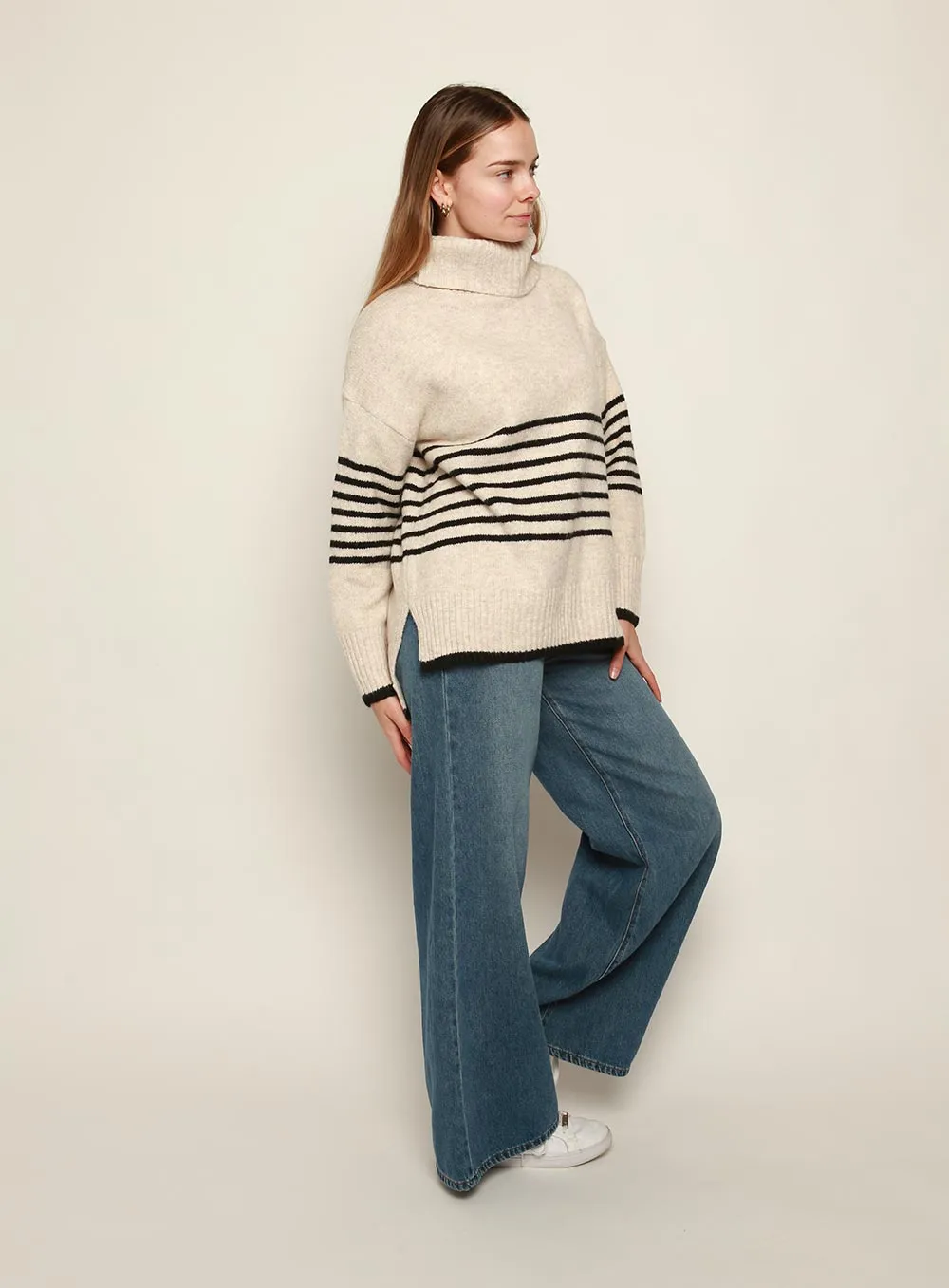 Cindy Roll Neck Stripe Knit-OATMEAL/BLACK