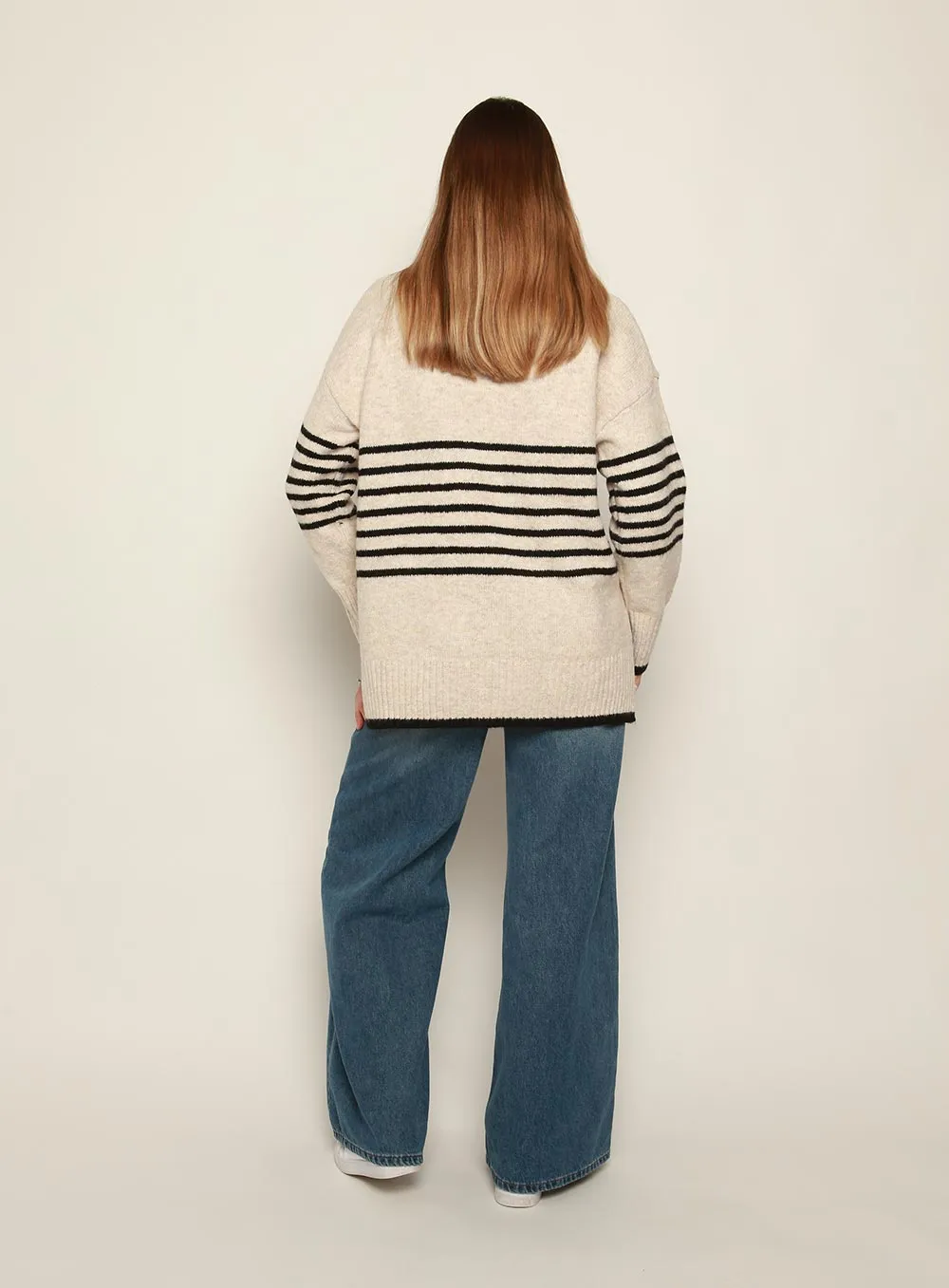 Cindy Roll Neck Stripe Knit-OATMEAL/BLACK