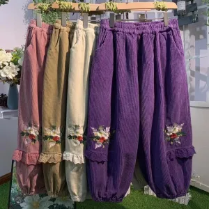 Cottagecore Embroidery Corduroy Pants