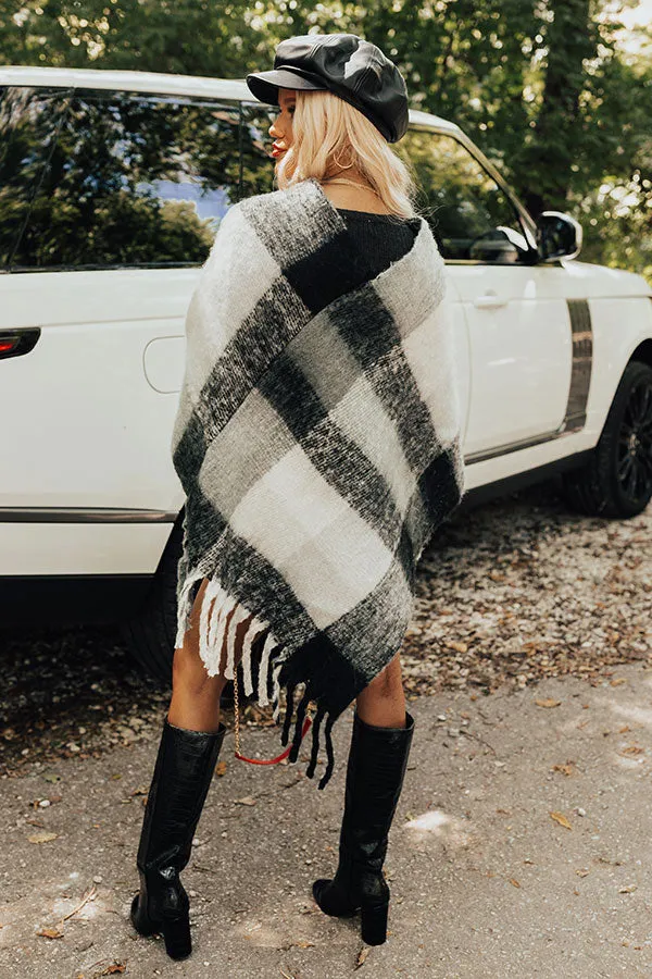 Cozy Debut Plaid Poncho In Charcoal