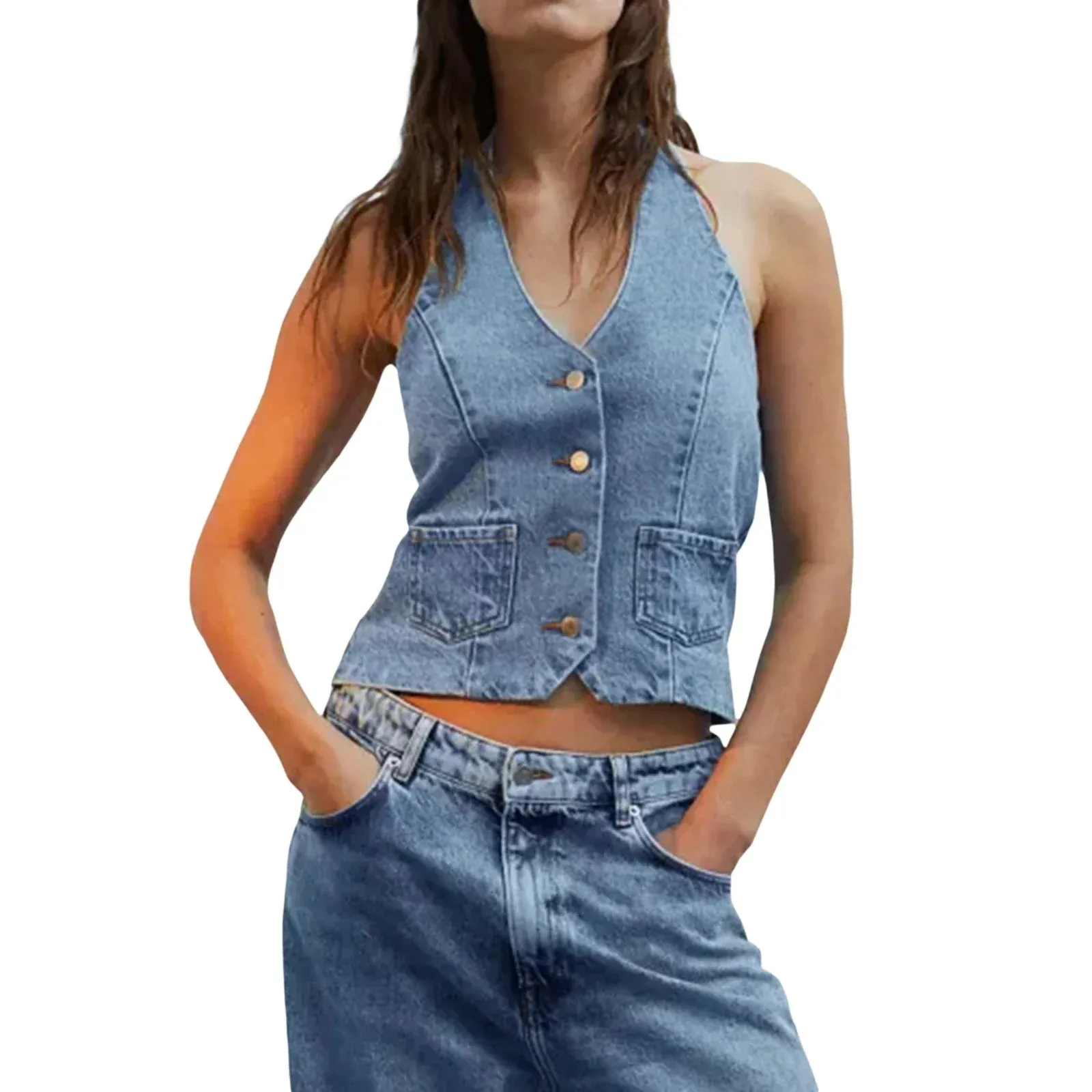 Denim Sleeveless Low Cut Backless Button Down Summer Crop Trendy Top