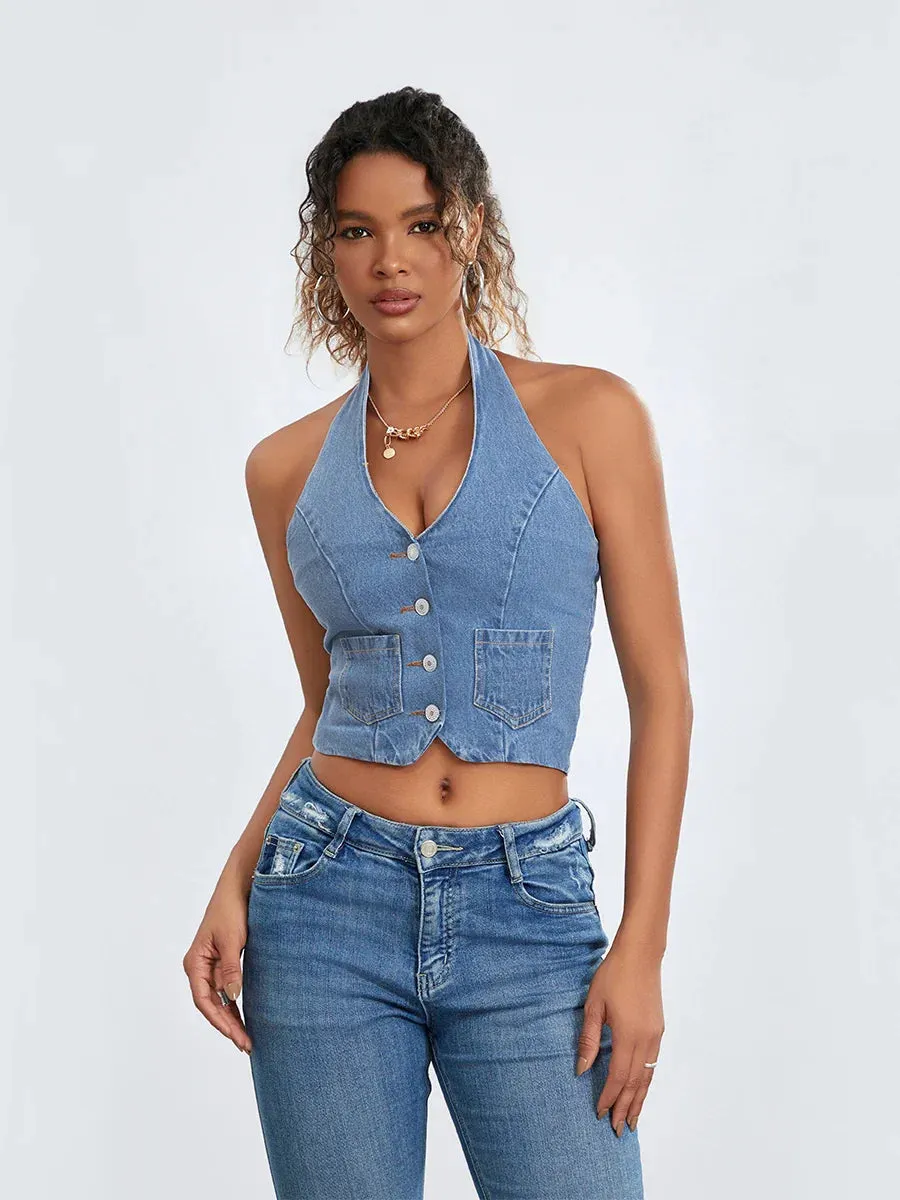 Denim Sleeveless Low Cut Backless Button Down Summer Crop Trendy Top