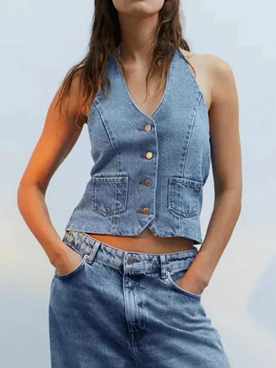 Denim Sleeveless Low Cut Backless Button Down Summer Crop Trendy Top