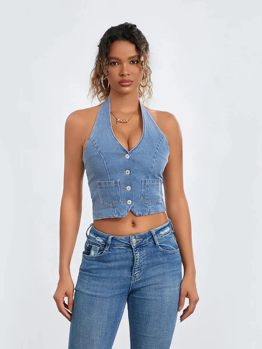 Denim Sleeveless Low Cut Backless Button Down Summer Crop Trendy Top