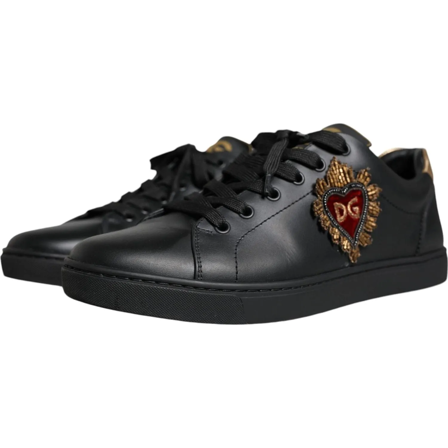 Dolce & Gabbana Black Leather Heart Low Top Casual Sneaker Shoes