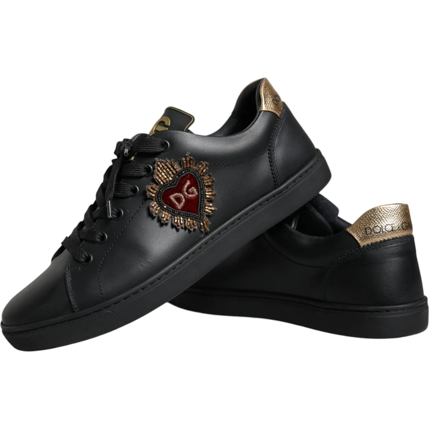 Dolce & Gabbana Black Leather Heart Low Top Casual Sneaker Shoes