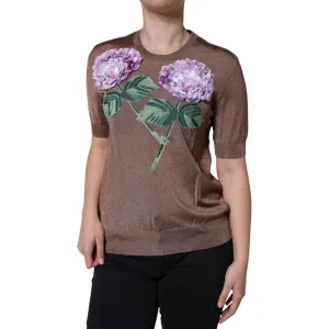 Dolce & Gabbana Brown Floral Applique Viscose Short Sleeve Top