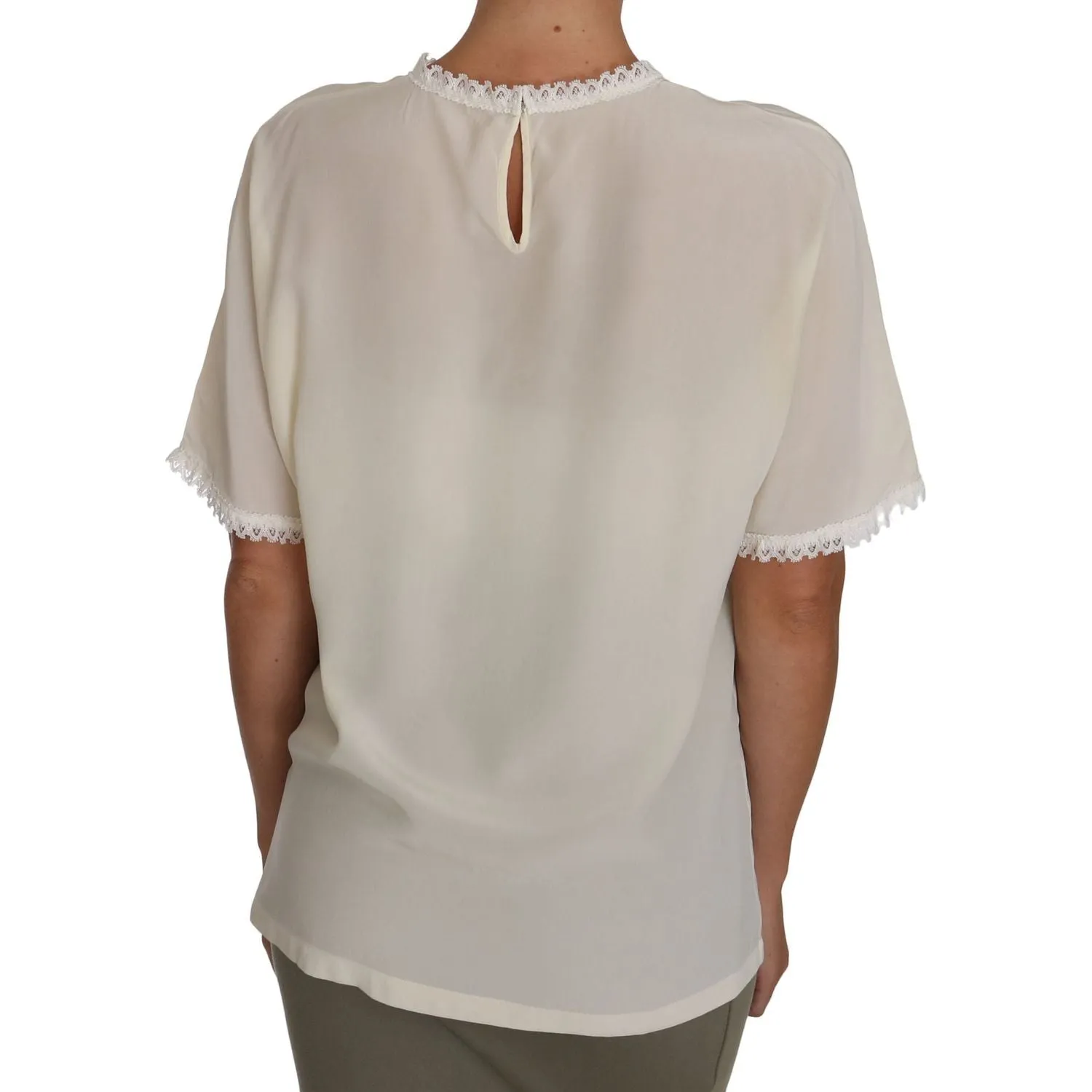 Dolce & Gabbana Cream Silk Lace-Detailed Blouse Top