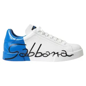 Dolce & Gabbana White Blue Leather Logo Low Top Sneakers Shoes