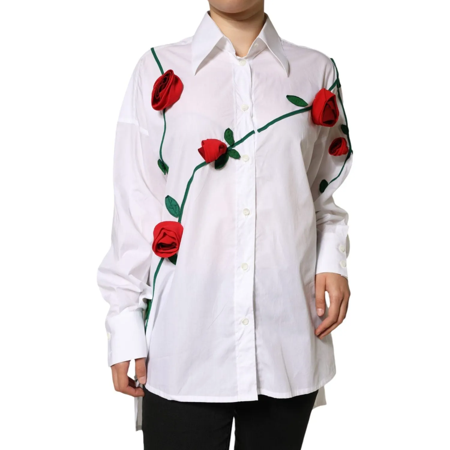 Dolce & Gabbana White Cotton Flower Applique Dress Shirt Top