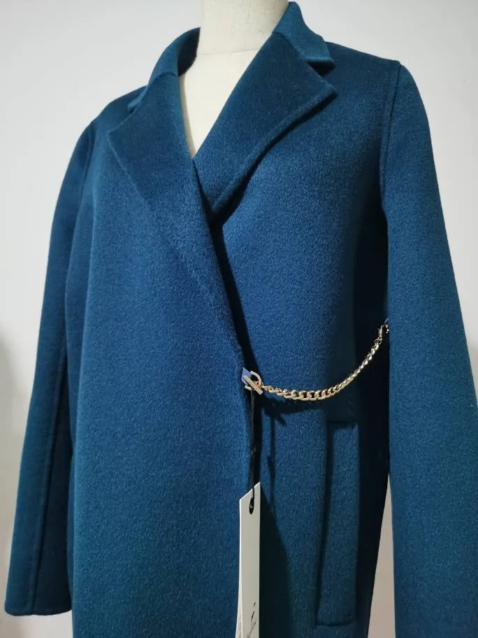 Double-Breasted Chain Detail Long Wool Coat