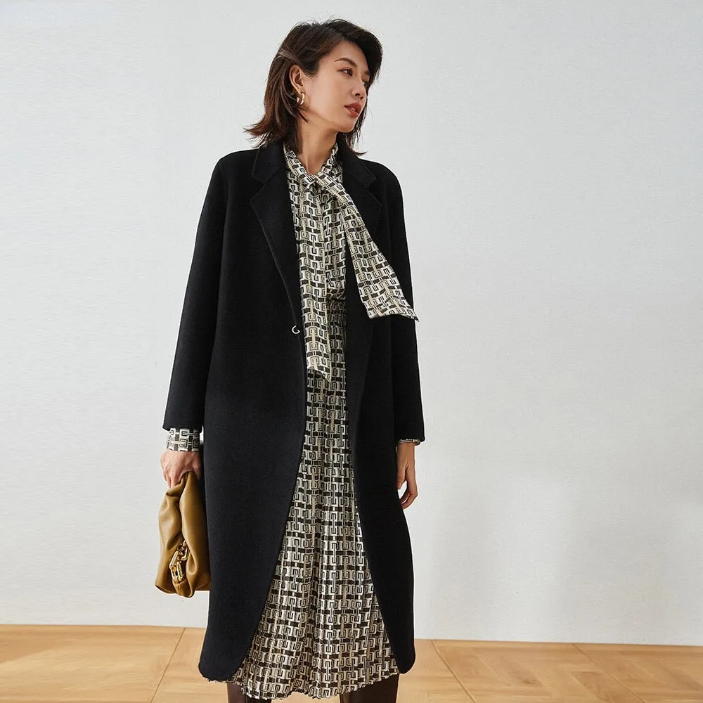 Double-Breasted Chain Detail Long Wool Coat