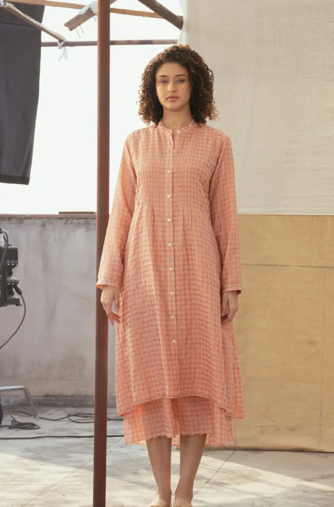 Dve Heera Cotton Silk Check Dress in Apricot