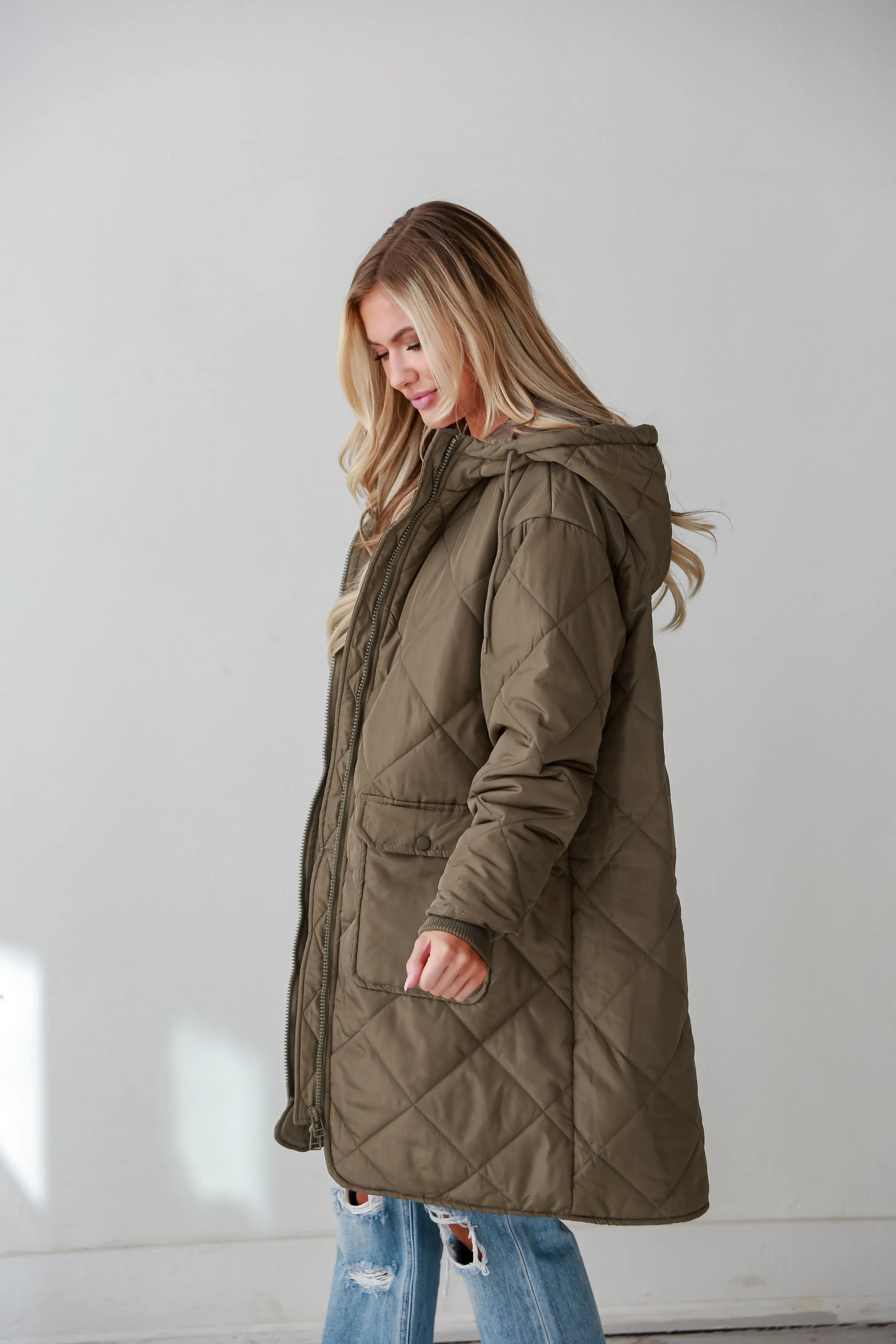 Elevated Season Olive Quilted Longline Hooded Jacket