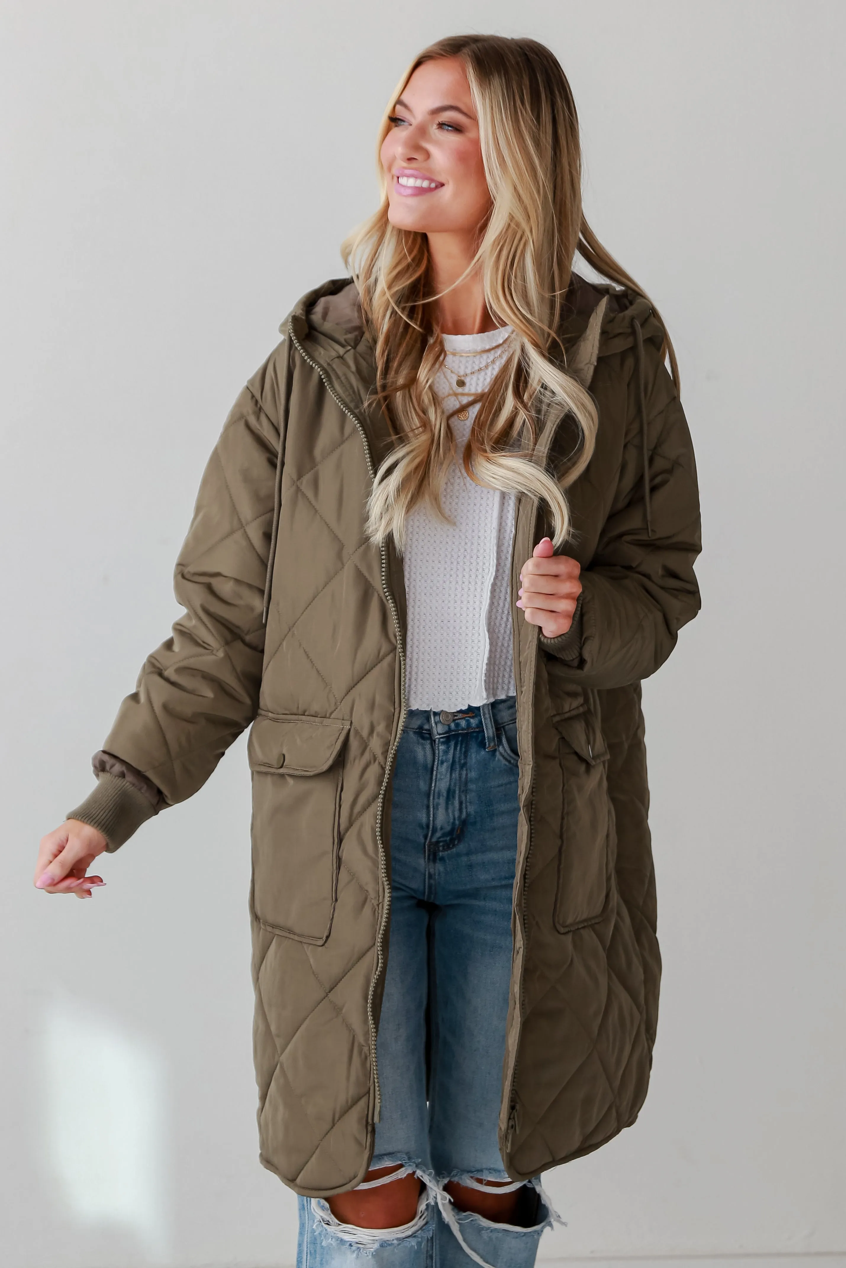 Elevated Season Olive Quilted Longline Hooded Jacket