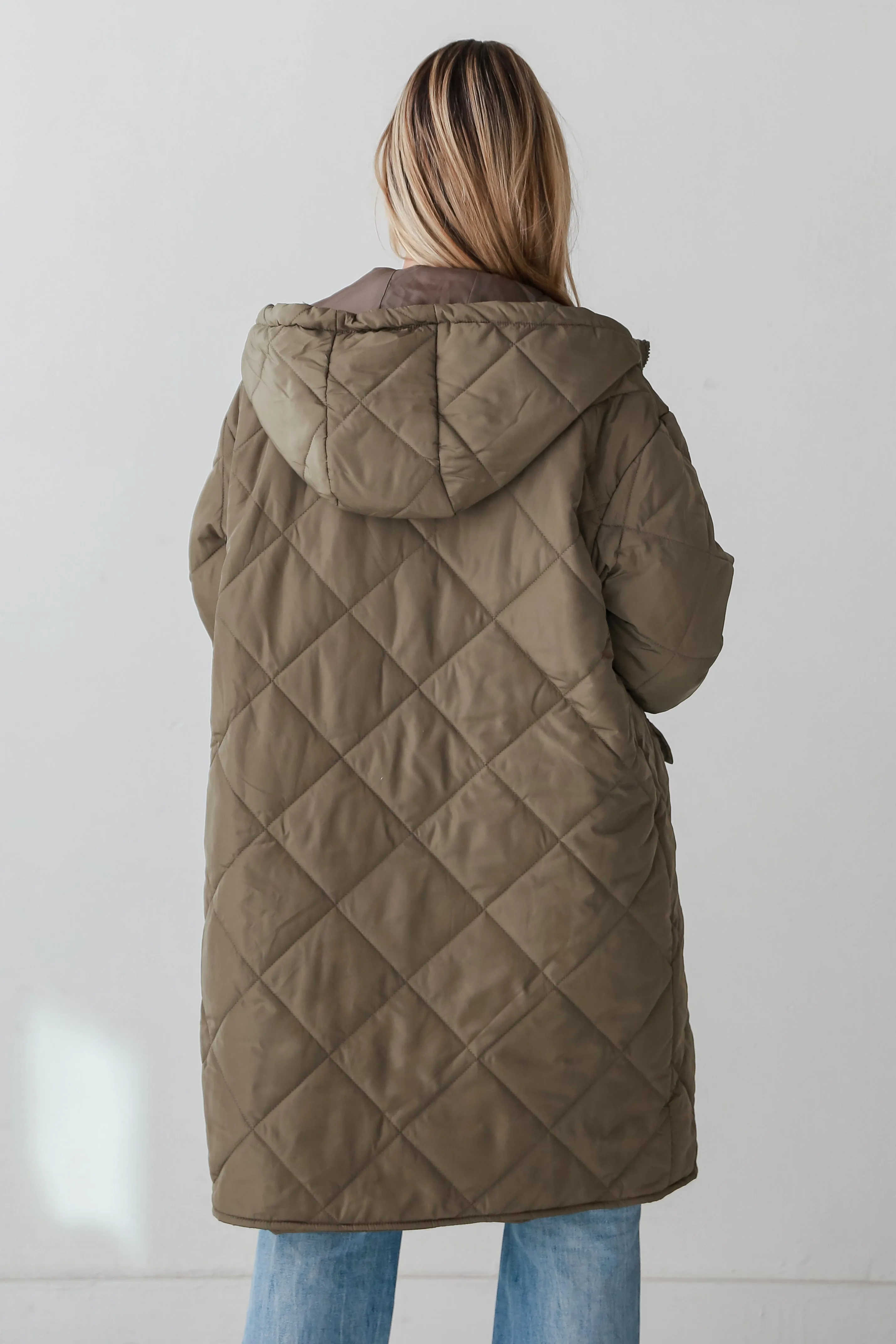 Elevated Season Olive Quilted Longline Hooded Jacket