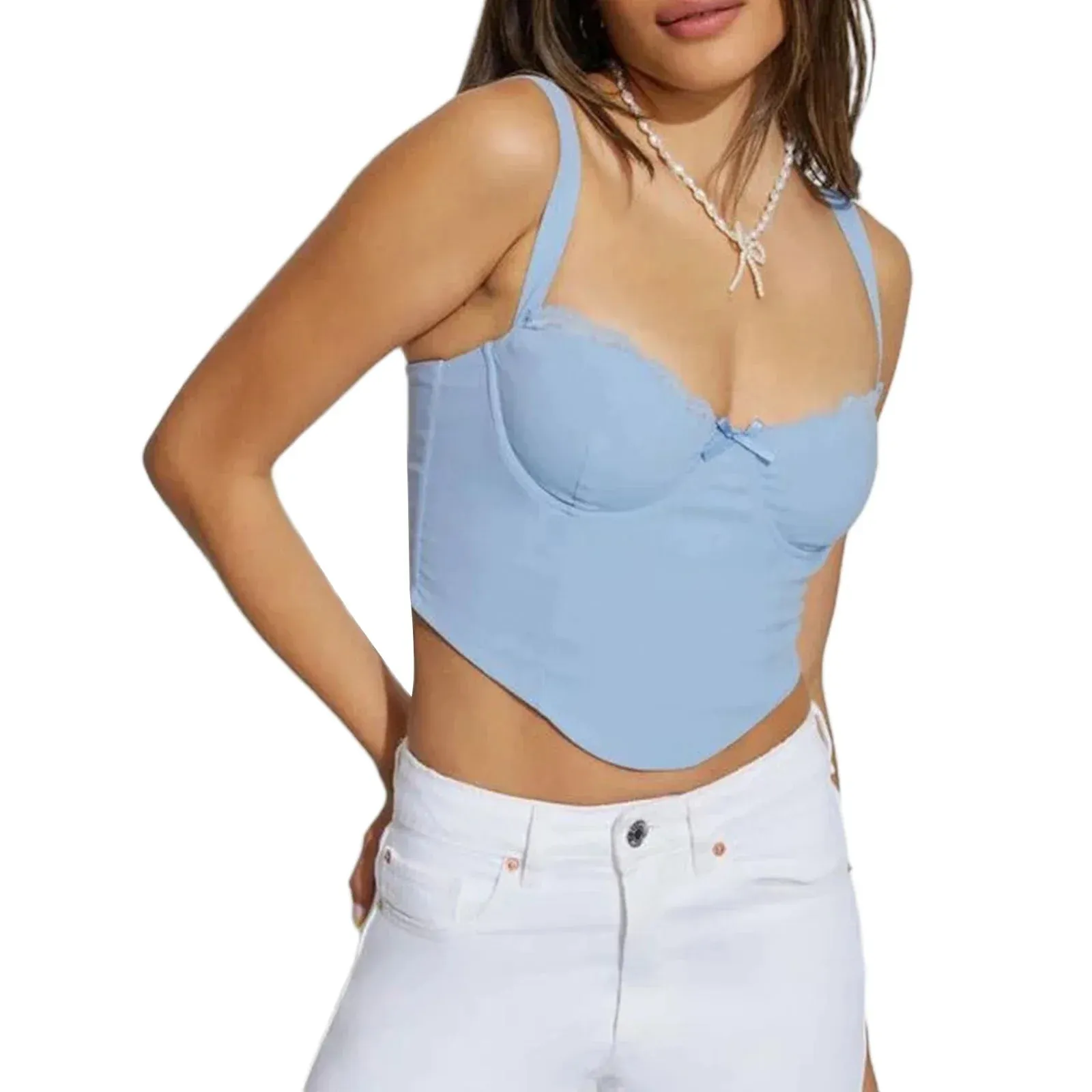 Fashion Deep V Neck Lace Trim Sleeveless Blue Camisole Crop Summer Top