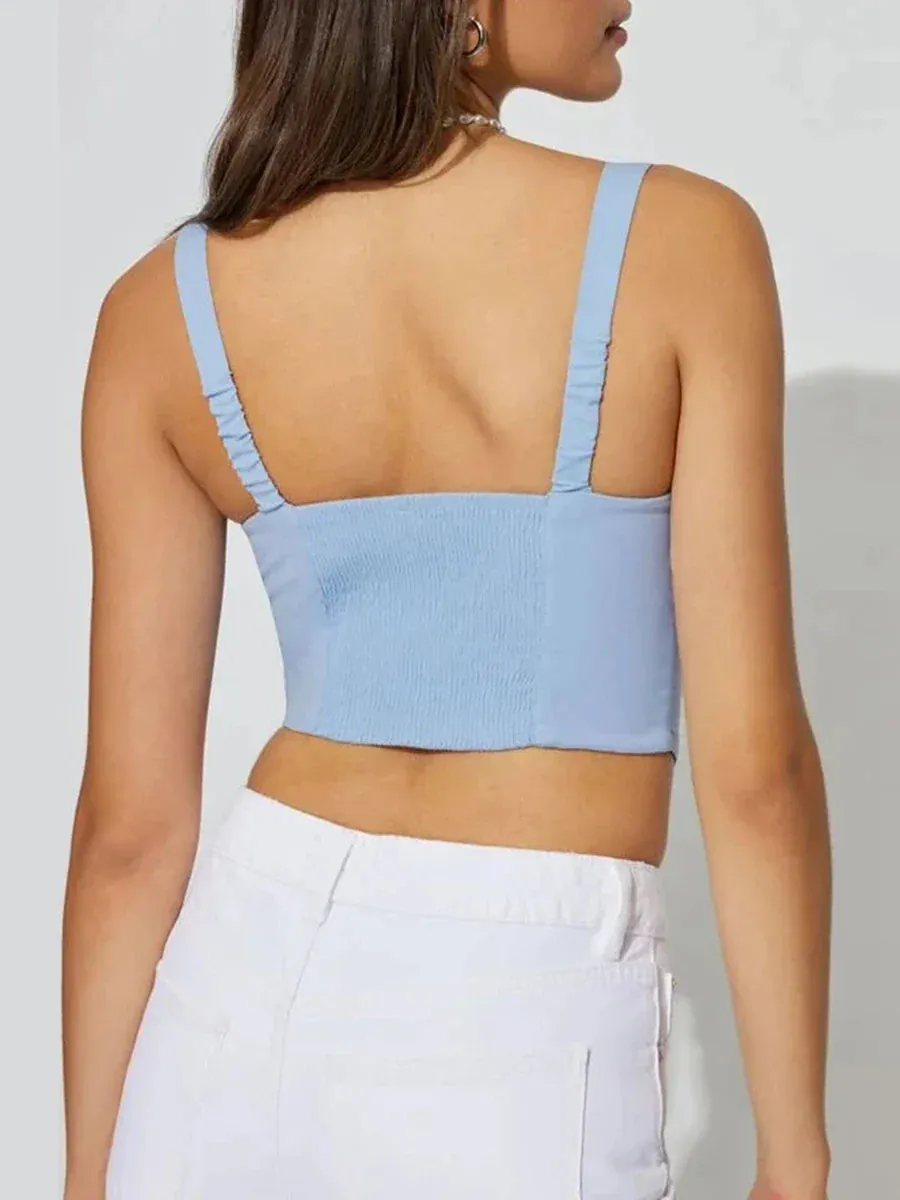 Fashion Deep V Neck Lace Trim Sleeveless Blue Camisole Crop Summer Top