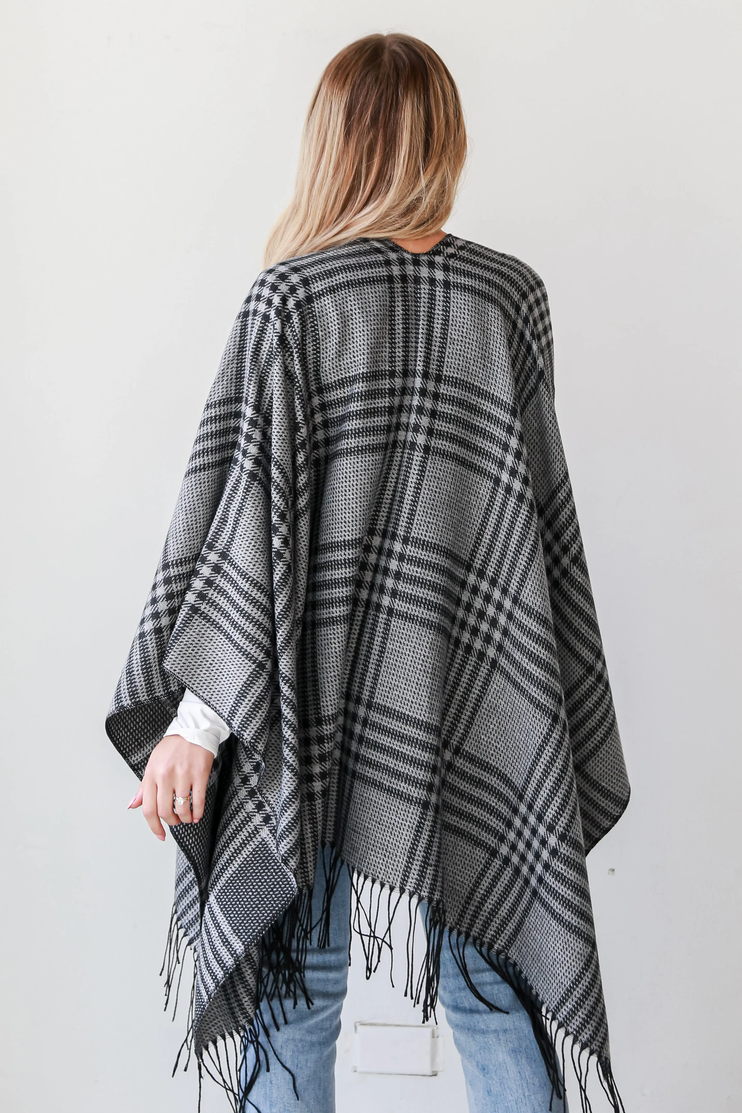 FINAL SALE - Cuddling Close Black Plaid Fringe Shawl - DOORBUSTER