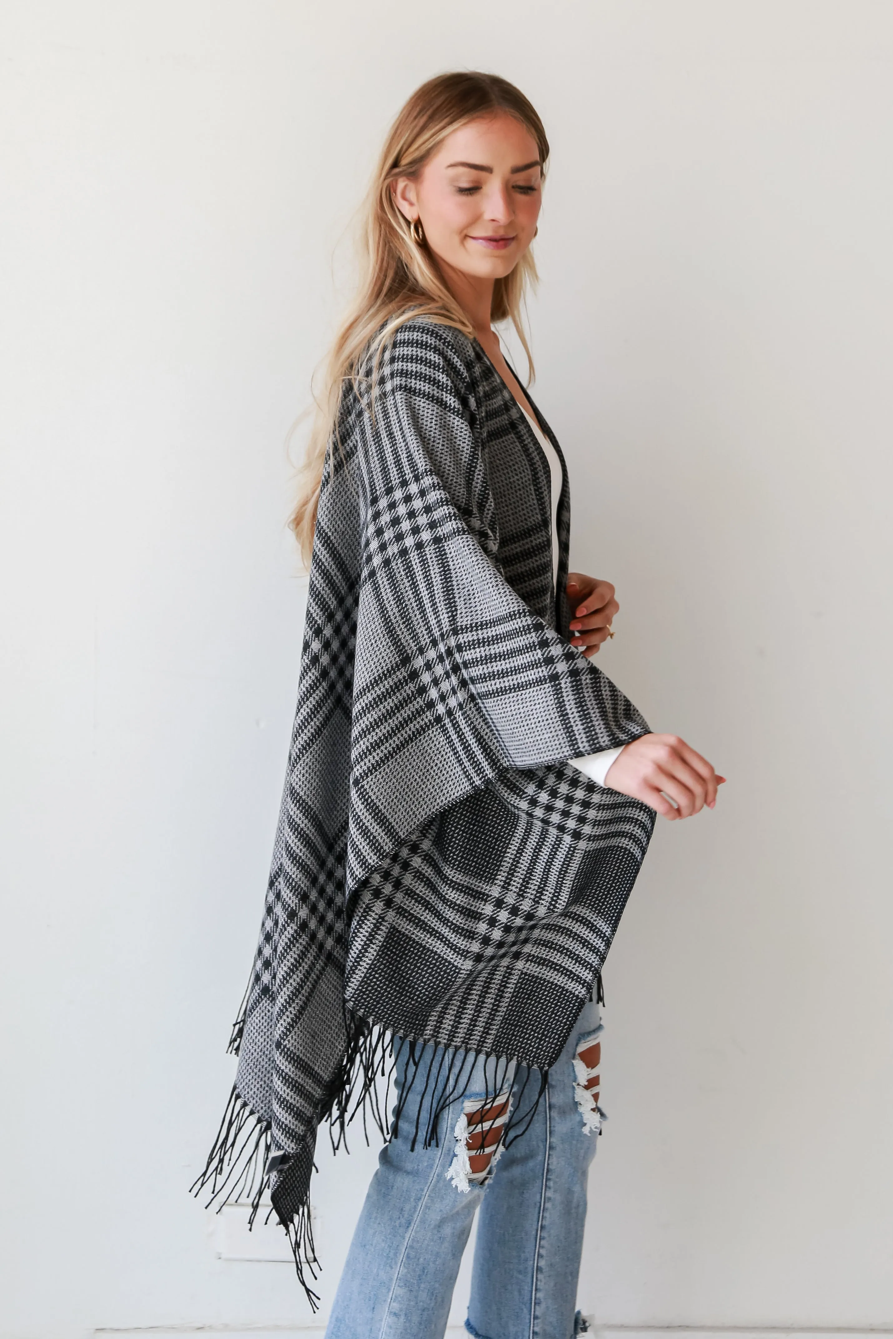 FINAL SALE - Cuddling Close Black Plaid Fringe Shawl - DOORBUSTER