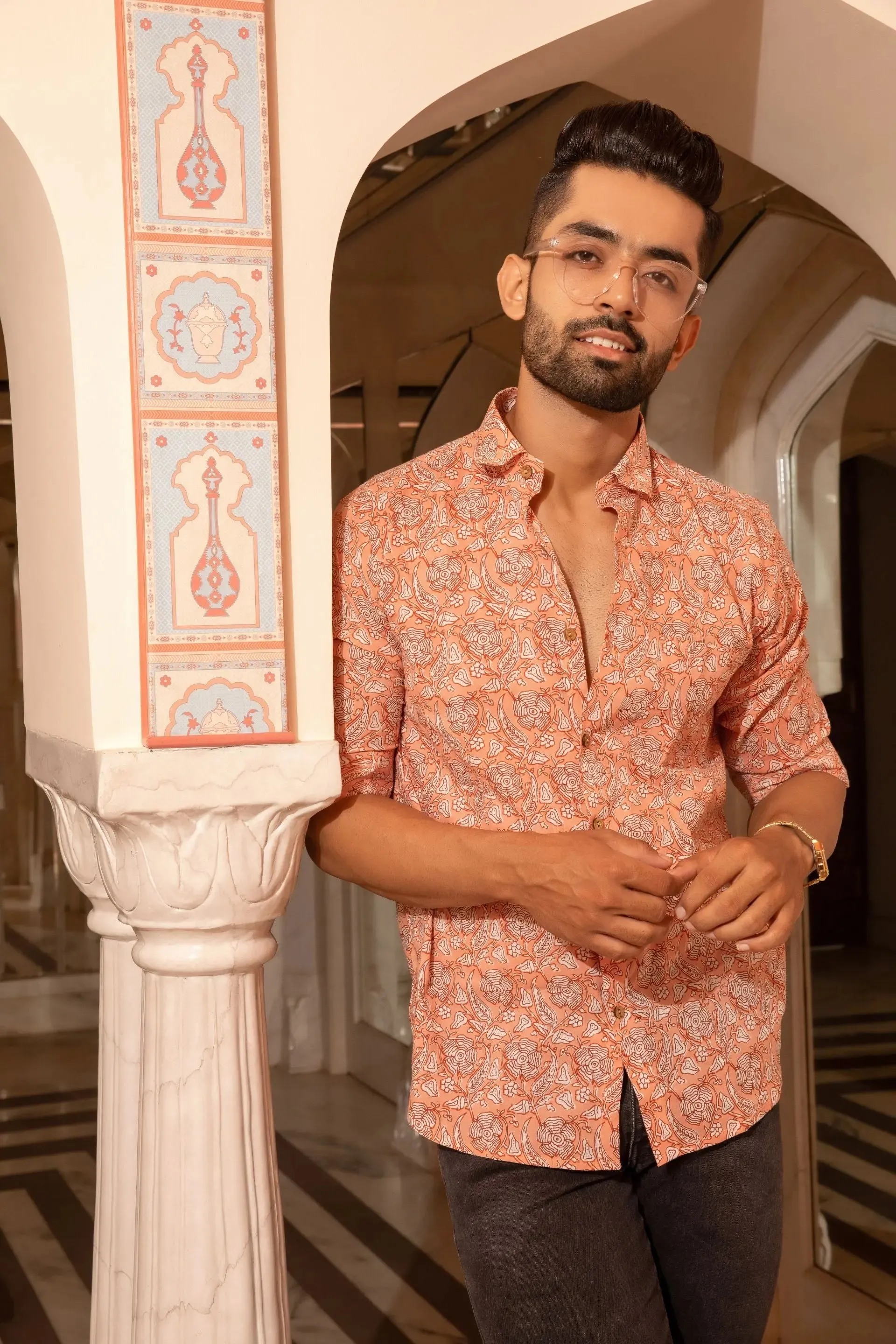 Firangi Yarn Peach/Orange 100% Cotton Shirt For Men - Full Sleeves