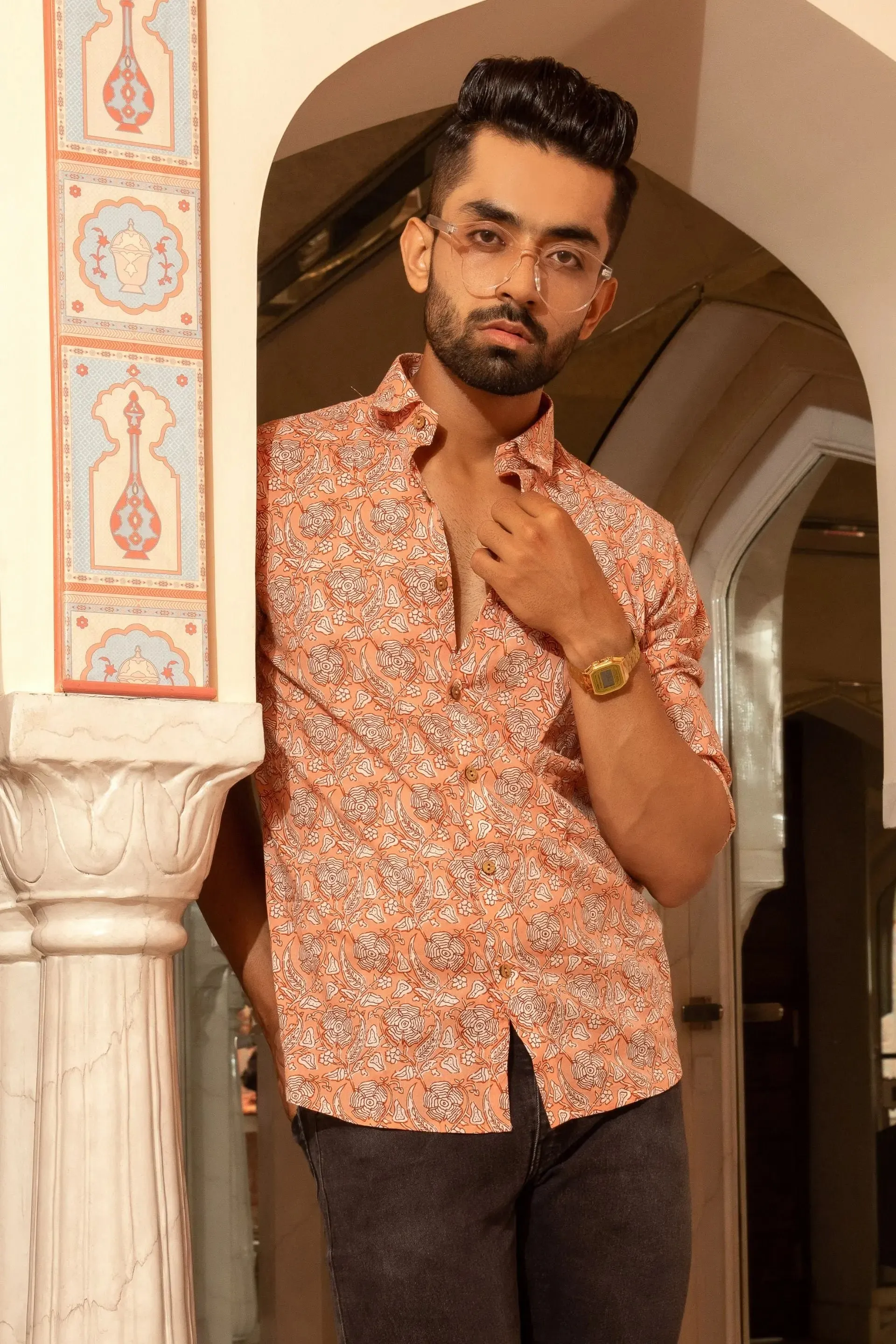 Firangi Yarn Peach/Orange 100% Cotton Shirt For Men - Full Sleeves