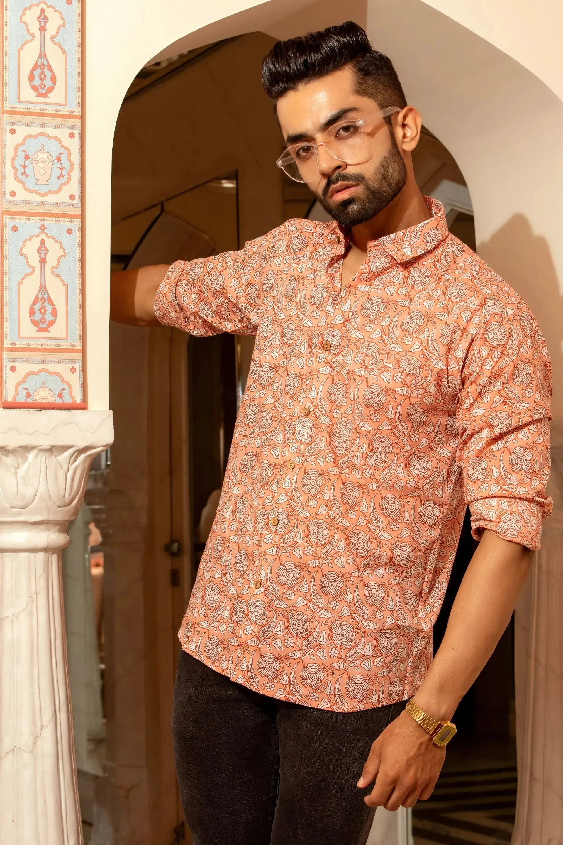 Firangi Yarn Peach/Orange 100% Cotton Shirt For Men - Full Sleeves