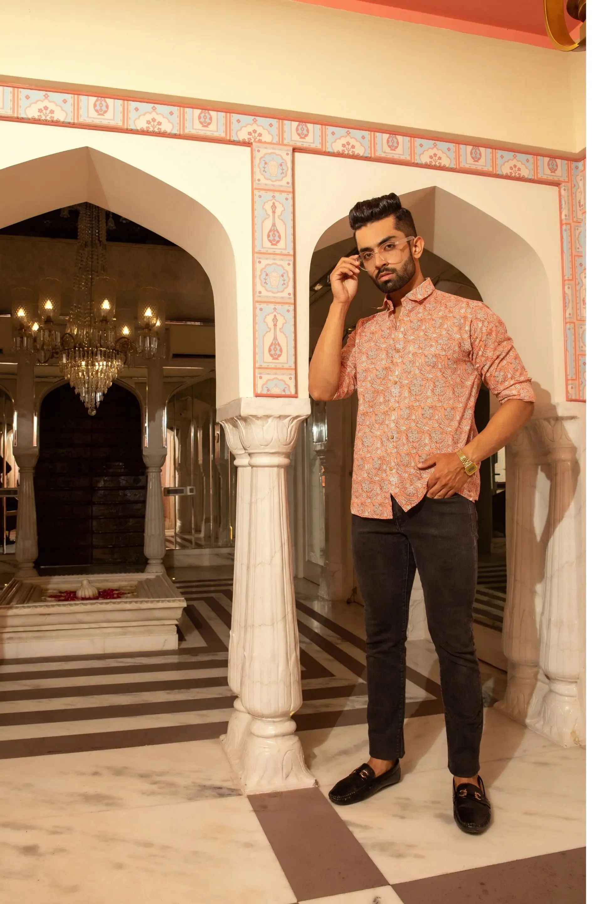 Firangi Yarn Peach/Orange 100% Cotton Shirt For Men - Full Sleeves