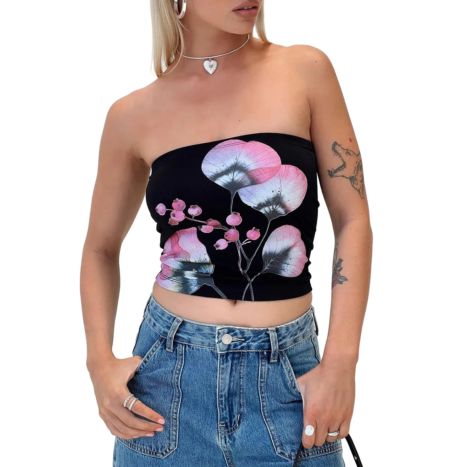 Floral Tube Top Strapless Backless Sexy Aesthetic Crop Y2K Top