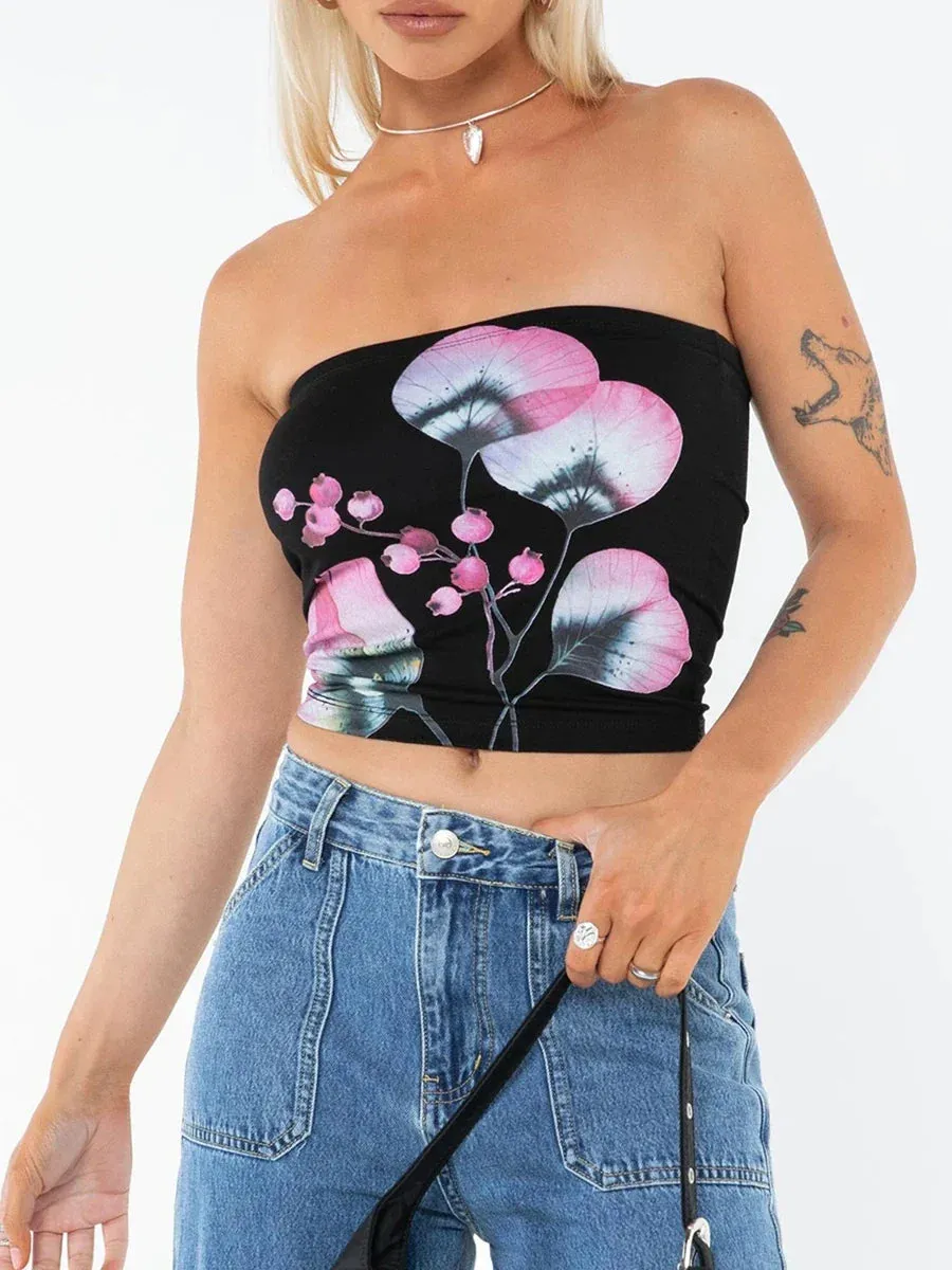 Floral Tube Top Strapless Backless Sexy Aesthetic Crop Y2K Top