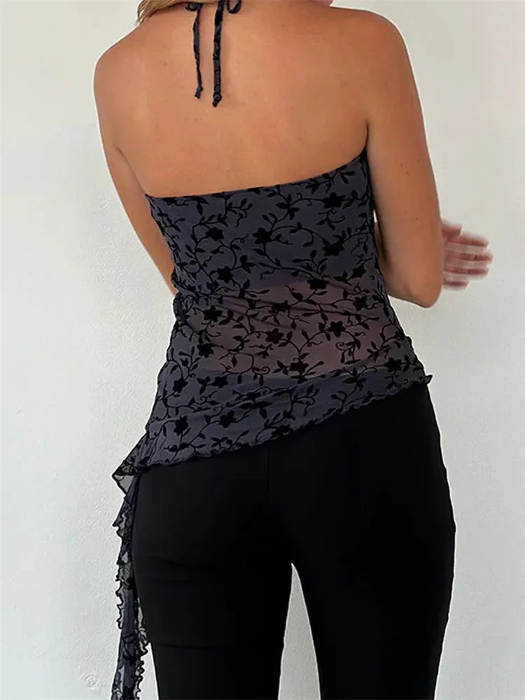 Flower Print Halter Sleeveless Backless Irregular Hem Crop Cami Top