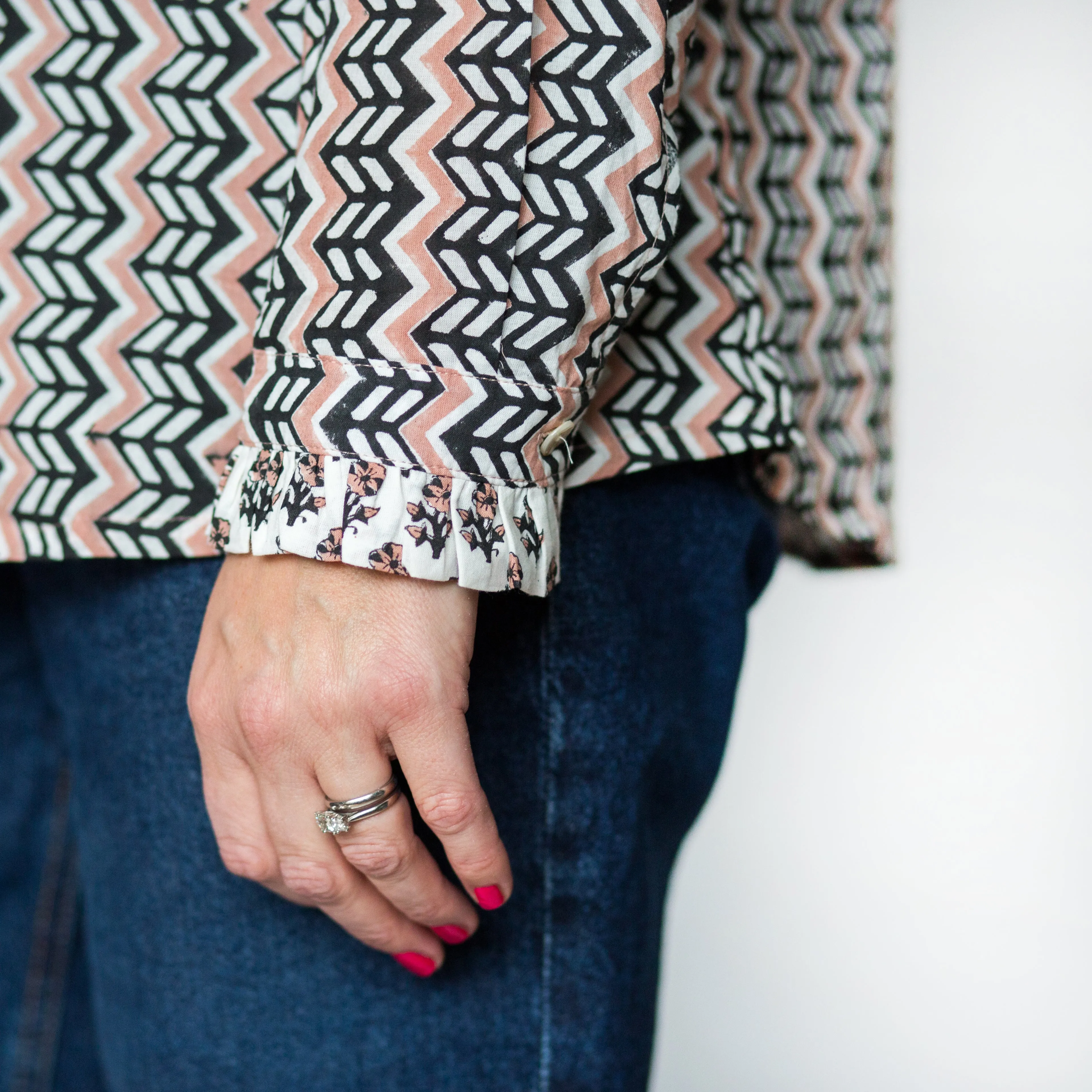 Frill Collar Blouse - Pale Pink & Black Zig Zig Print