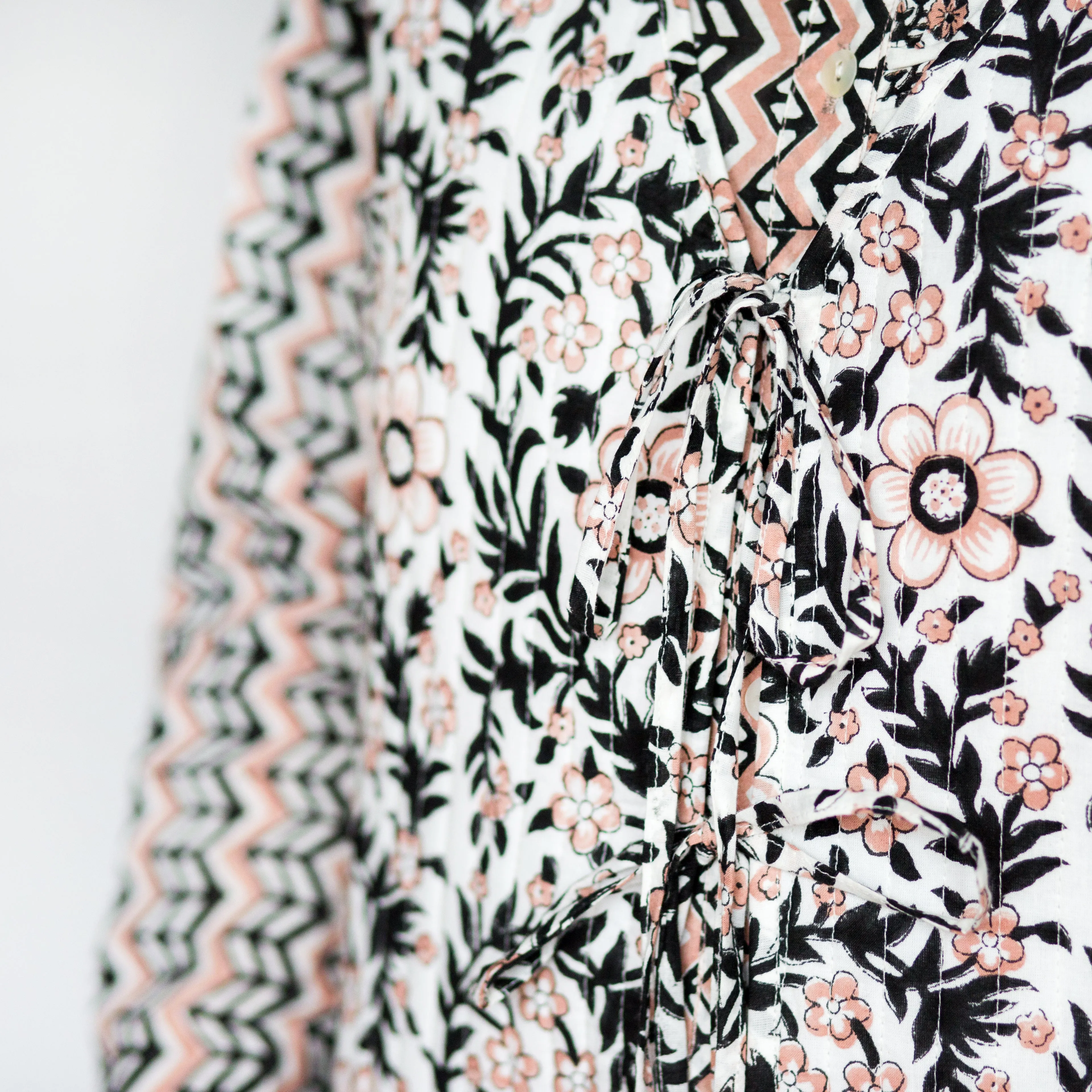 Frill Collar Blouse - Pale Pink & Black Zig Zig Print