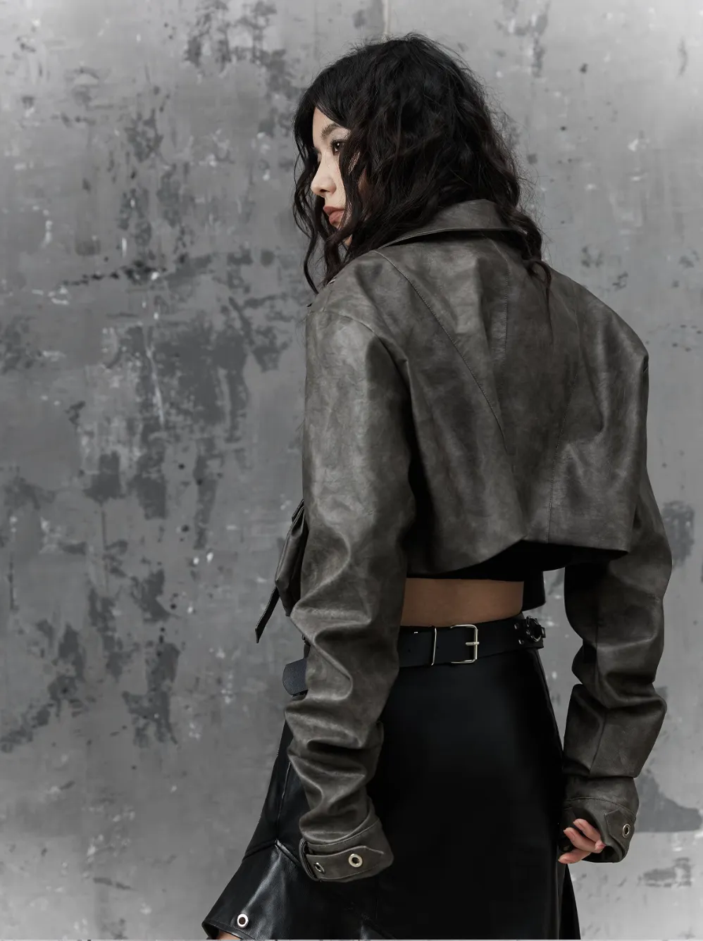 Frustration Garden Grunge Cropped Moto Jacket - Distressed Gray Leather with Multiple Pockets