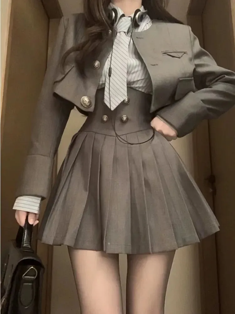 Gray Preppy Style Korean Y2k Mini Skirt Casual Stripe Suit