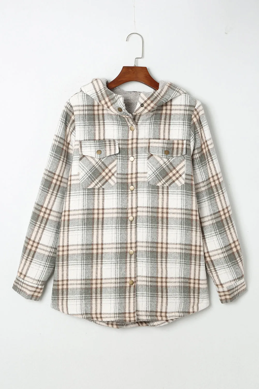 Gray Snap Button Sherpa Lined Hooded Flannel Jacket