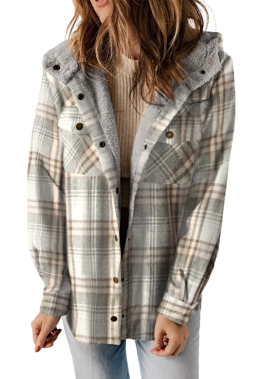 Gray Snap Button Sherpa Lined Hooded Flannel Jacket