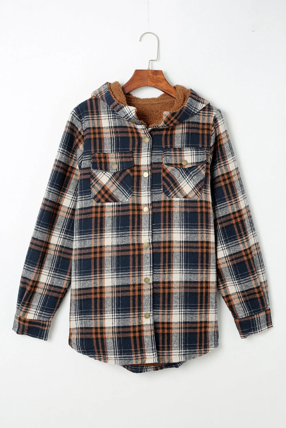 Gray Snap Button Sherpa Lined Hooded Flannel Jacket