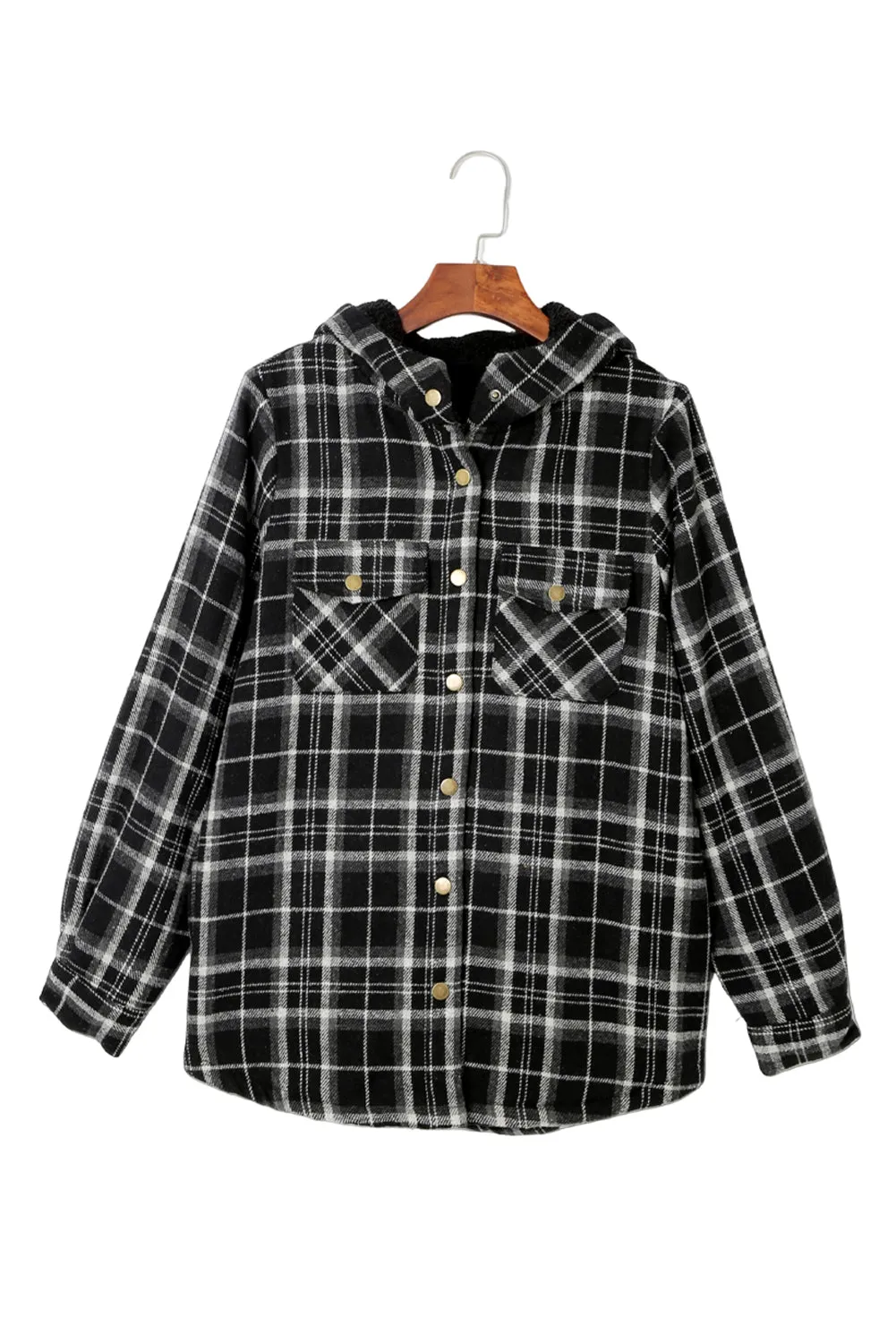 Gray Snap Button Sherpa Lined Hooded Flannel Jacket