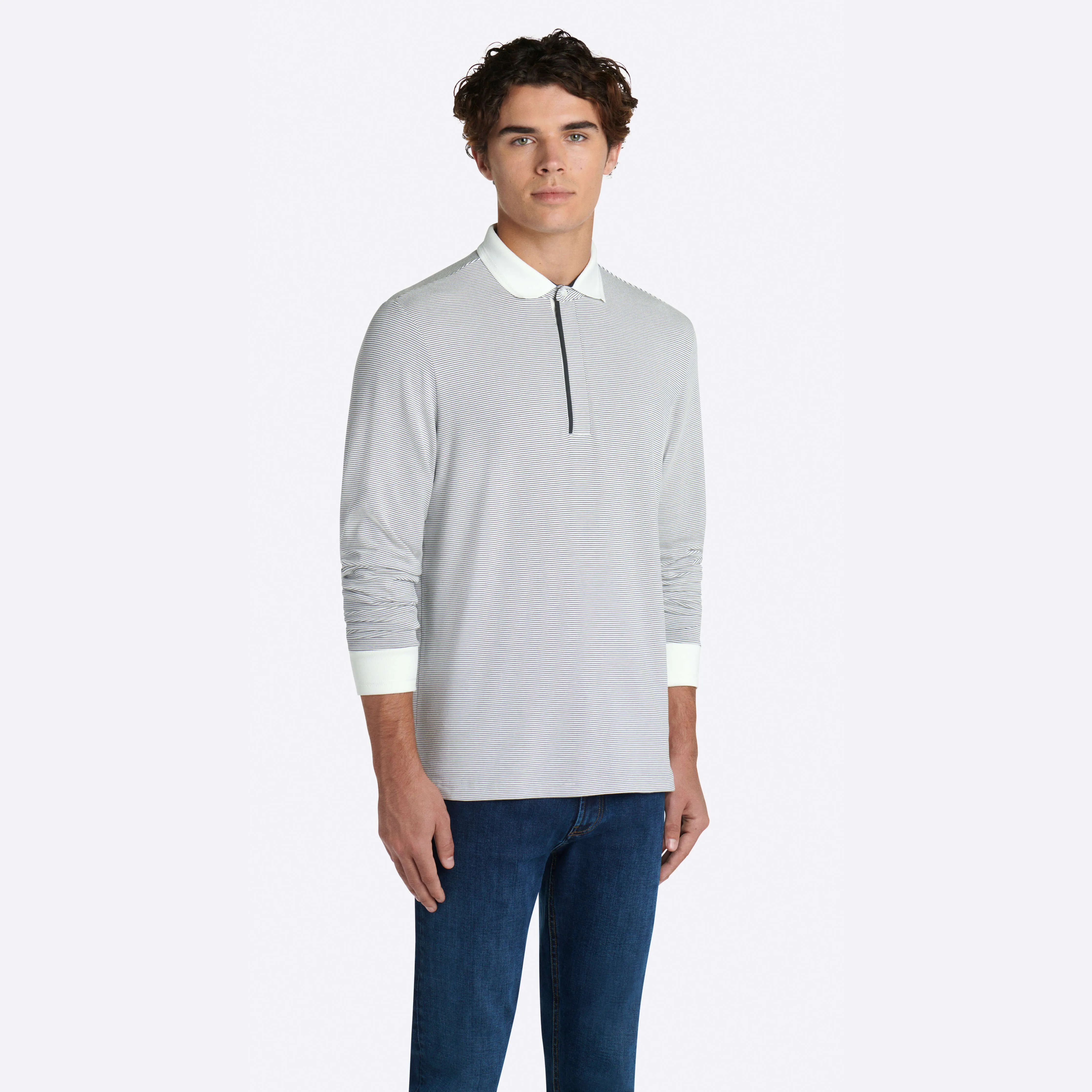 Hairline Stripe Quarter Zip Mock Neck Pullover