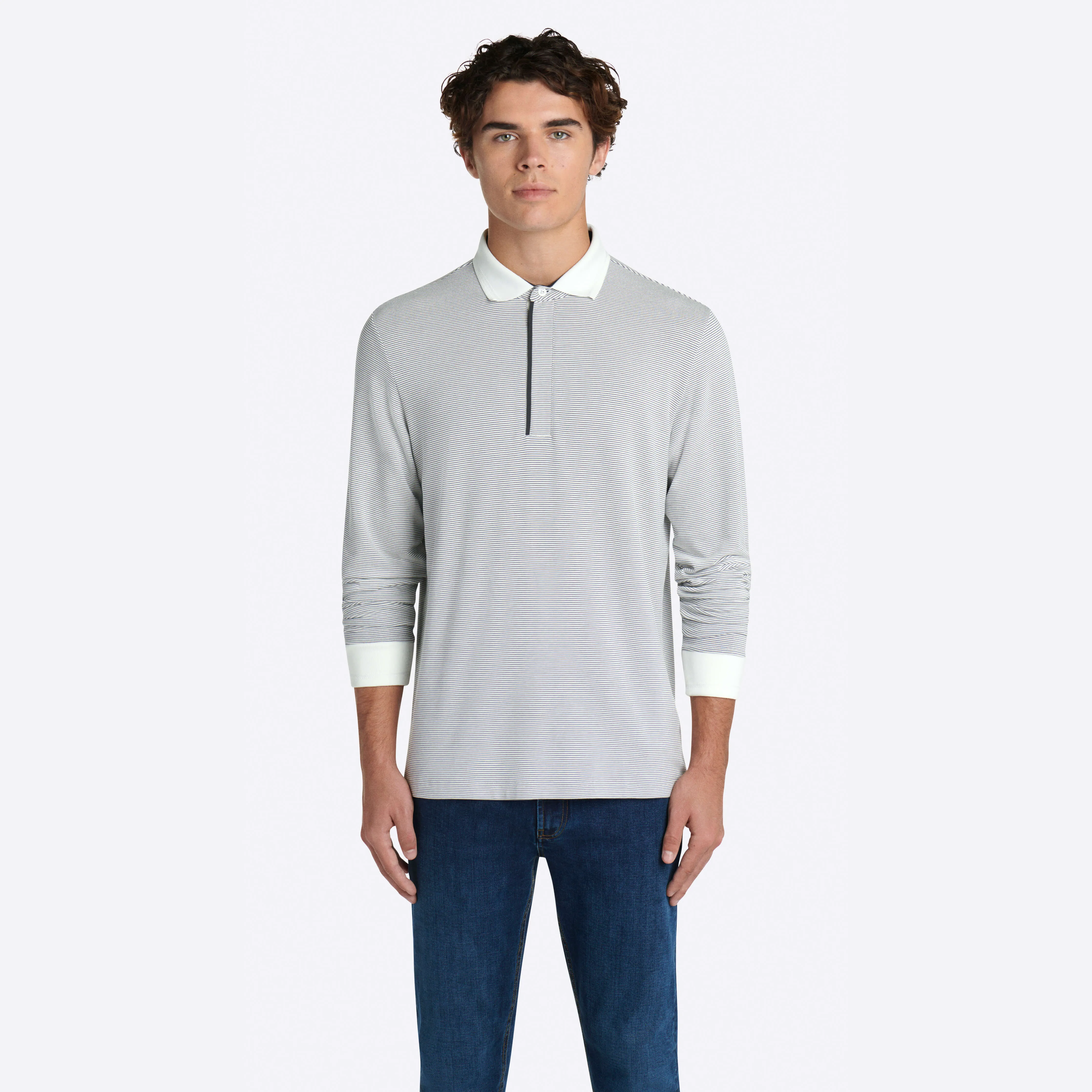 Hairline Stripe Quarter Zip Mock Neck Pullover