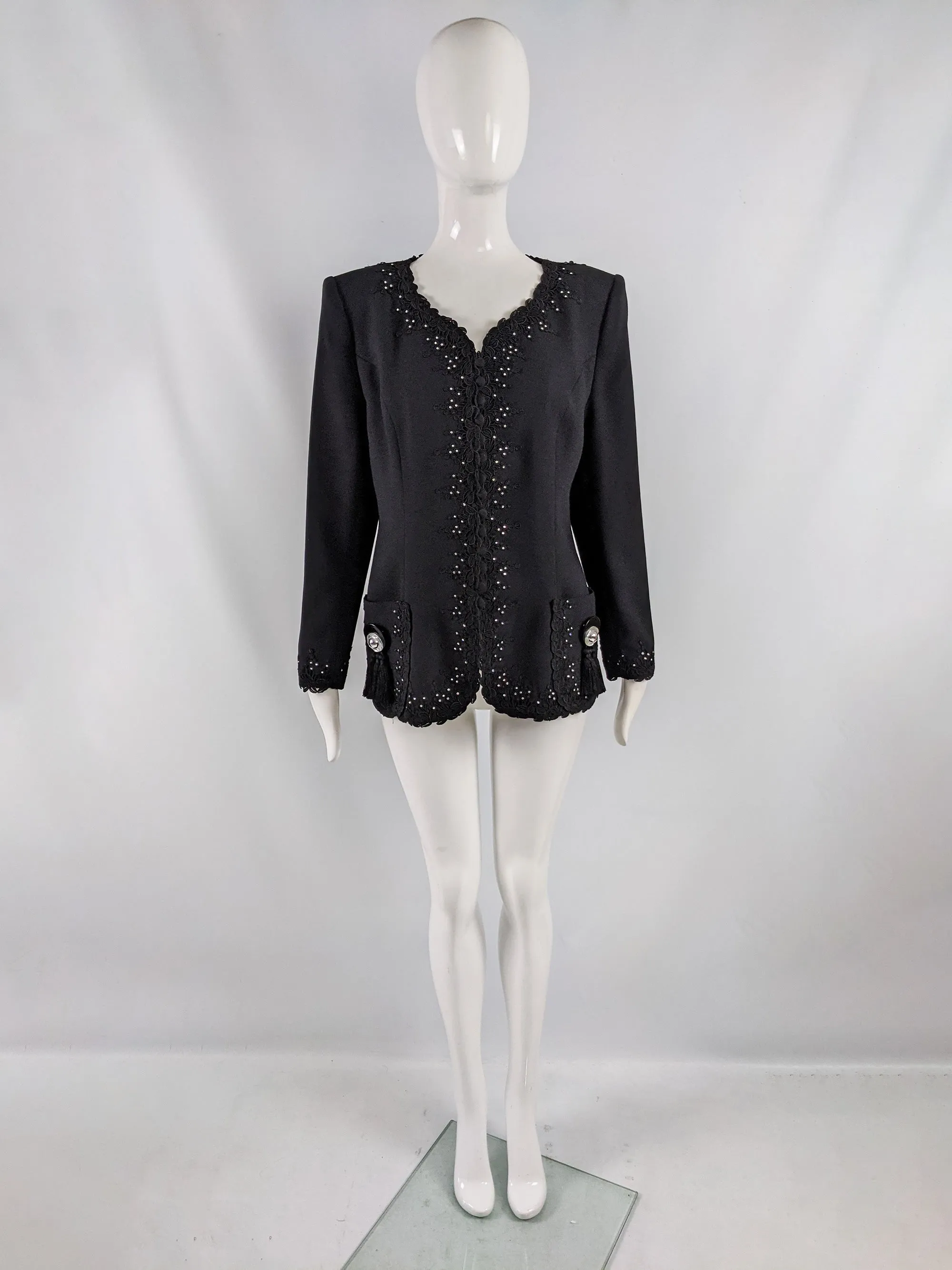 Helen Anderson Vintage Womens Fringed Lace Trim Crepe Jacket, 1980s