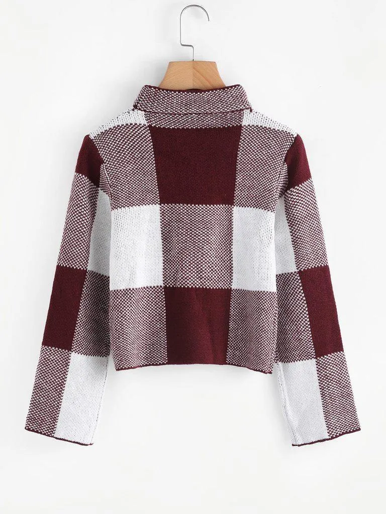 High Neck Gingham Crop Sweater