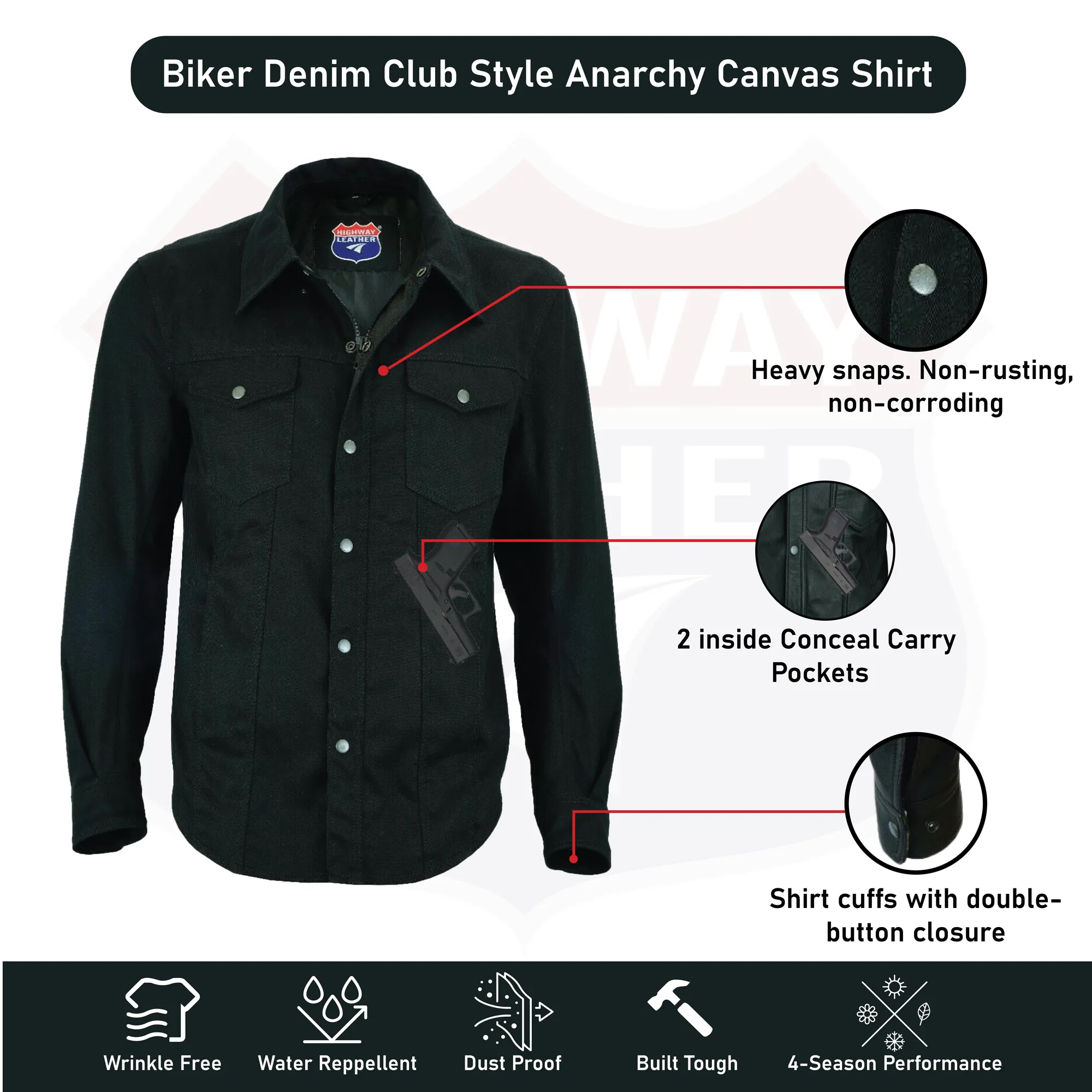 HL21403 Biker Denim Club Style Anarchy Twill Shirt Conceal Carry Gun pocket