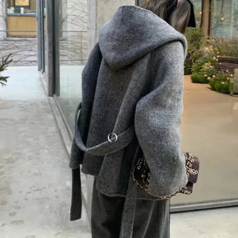 Hnewly Winter Jacket Women Thick Warm Loose Style Hood Luxury Casual Double -sided Wool Blends Ladies Miss Leisure Woolen Coat