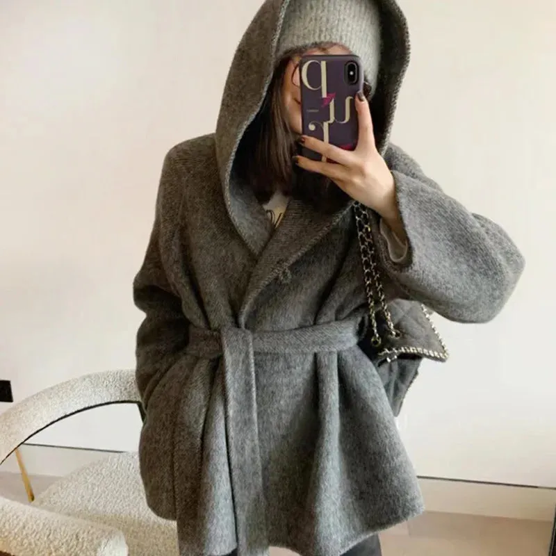 Hnewly Winter Jacket Women Thick Warm Loose Style Hood Luxury Casual Double -sided Wool Blends Ladies Miss Leisure Woolen Coat