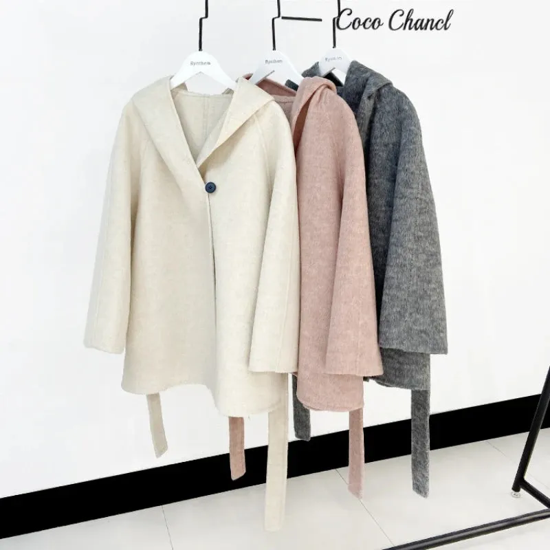 Hnewly Winter Jacket Women Thick Warm Loose Style Hood Luxury Casual Double -sided Wool Blends Ladies Miss Leisure Woolen Coat